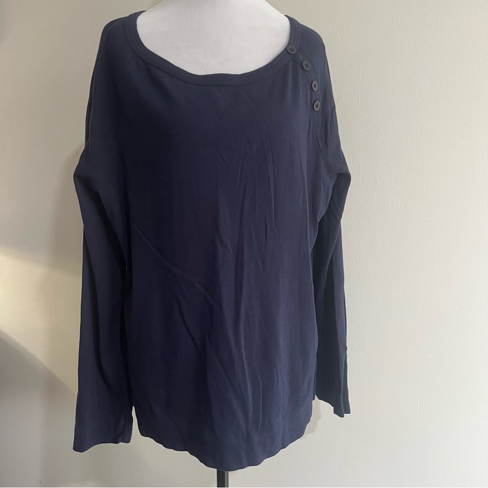 Jones New York Blue Cotton Long Sleeve Light Scoop Neck Women's Top Shirt Blouse